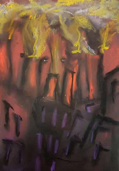 "Fire and Iron" artist unknown. It depicts the burning furnaces on the slopes of Shikal, which are said to belch forth black smoke in such abundance that the entire mountain-city is cloaked in darkness at all times.