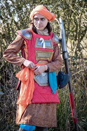 Bright colours and patterned fabrics; the simpler clothing is accentuated with light armour decorated with flaming reds and oranges. The tagelmust and sash complete the ensemble.