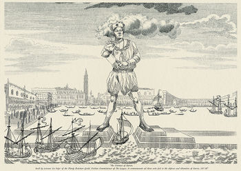 Prints of this image, and many similar, can be purchased for a few rings in many places around the docks of Sarvos. The statue itself does not actually straddle the harbour mouth, but it is undoubtedly the image the rest of the world imagines when they think of it.