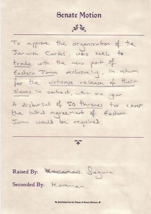 The motion combines recognition of the Jarmish Cartel with disbursement of funds